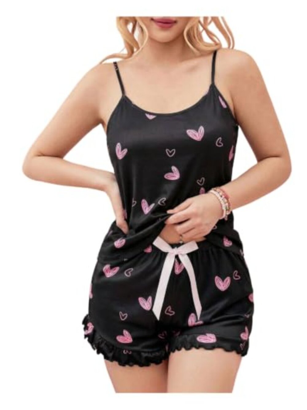 Women's Heart Print Pajama Set Camisole Ruffle Shorts Sleepwear Lounge Set